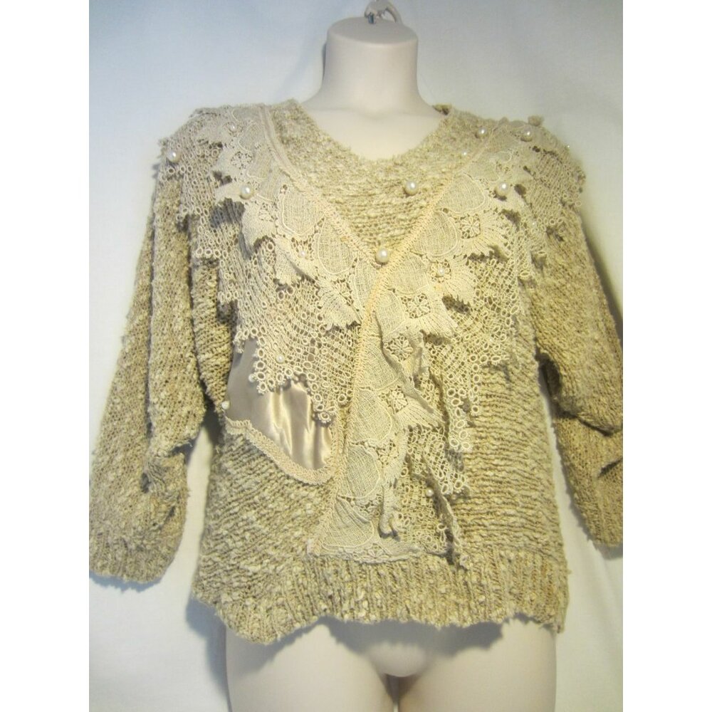 BONNIE & BILL by Holly ecru sweater top pearl lace V Neck Women S VINTAGE